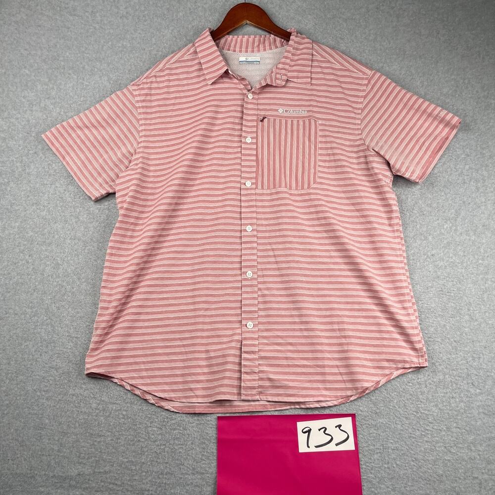 Columbia Shirt XL Red Striped Vented Lightweght Button Up Short Sleeve Mens